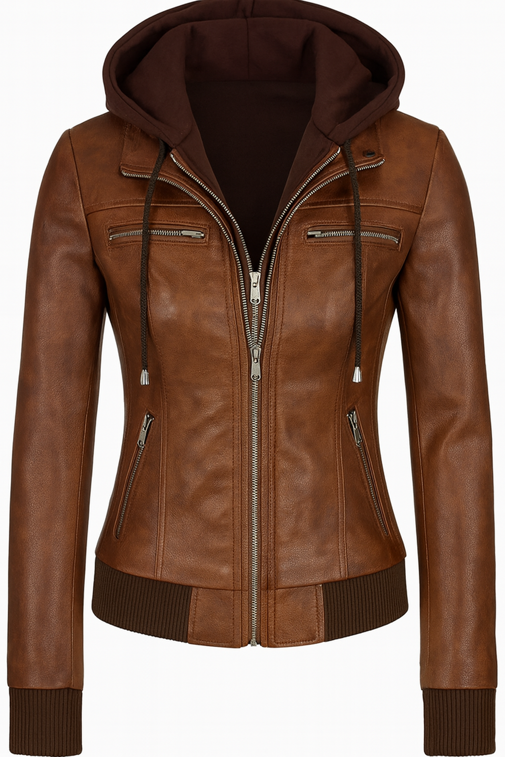 Burgundy Women’s Hooded Leather Jacket