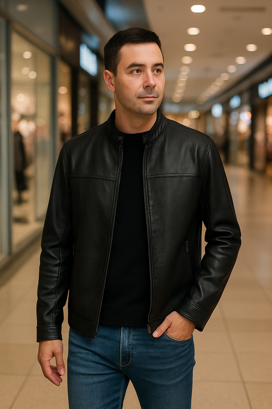 Classic Black Stand Collar Leather Jacket