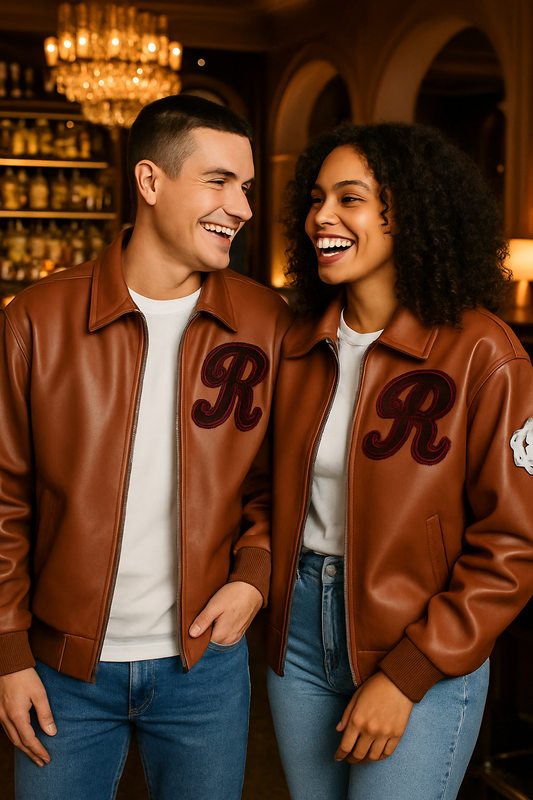 Couple Varsity Bomber Leather Jacket with Chenille Patch