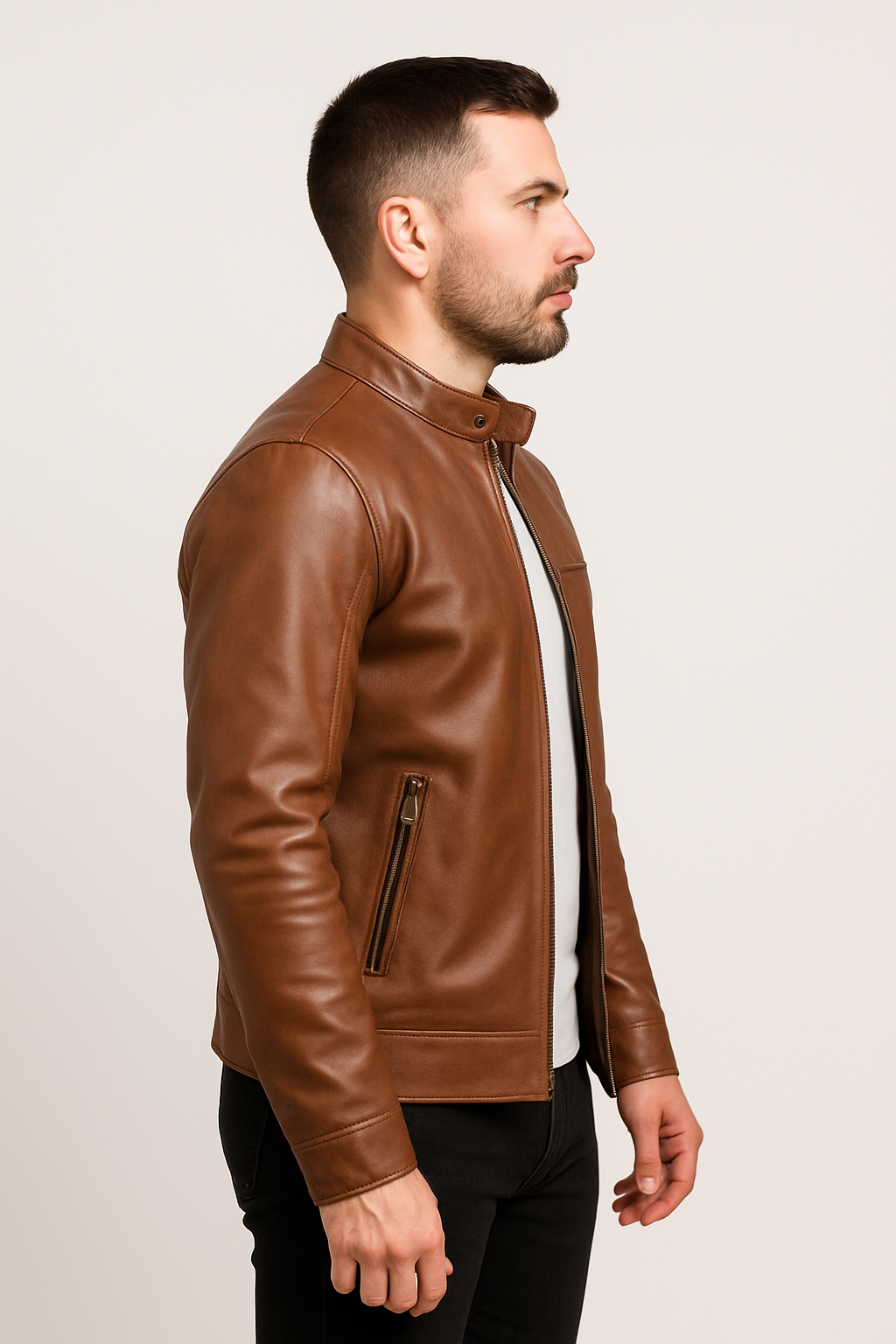 Cognac Classic Stand Collar Leather Jacket