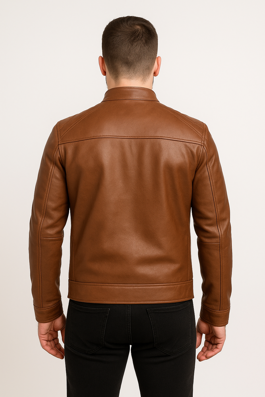 Cognac Classic Stand Collar Leather Jacket