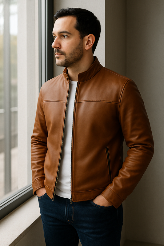 Cognac Classic Stand Collar Leather Jacket