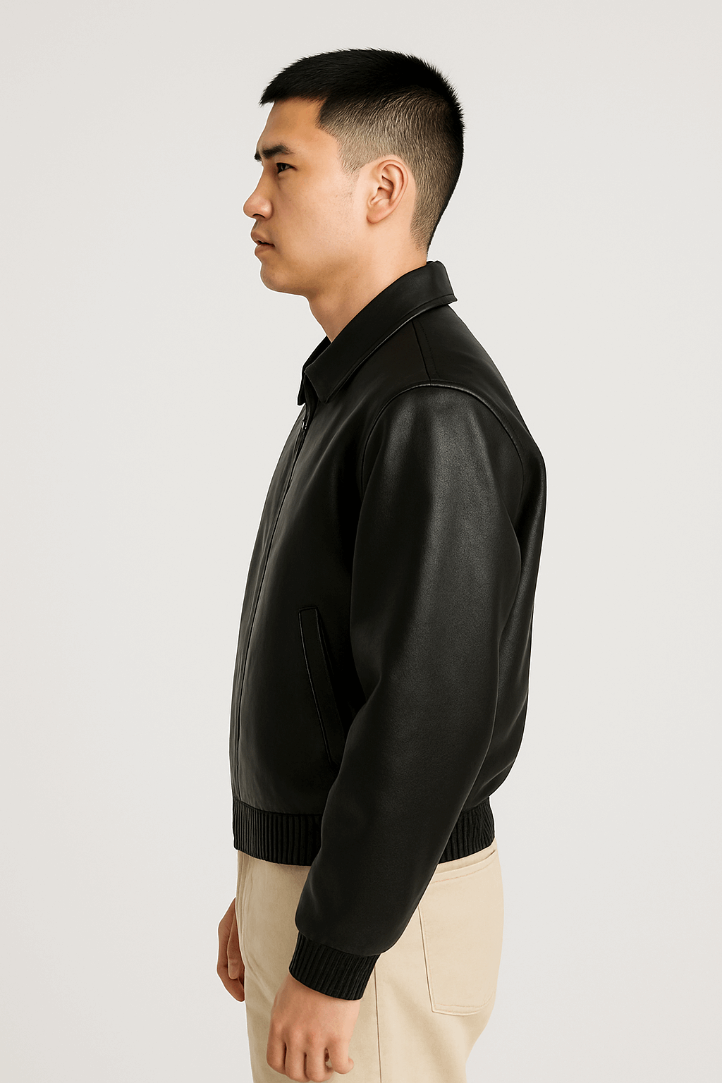 Men’s Black Leather Bomber Jacket – Classic Zip-Up Minimalist Style