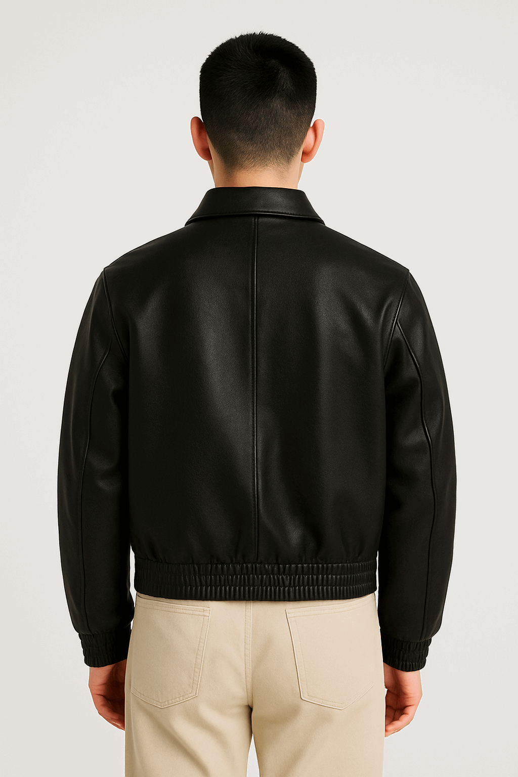 Men’s Black Leather Bomber Jacket – Classic Zip-Up Minimalist Style
