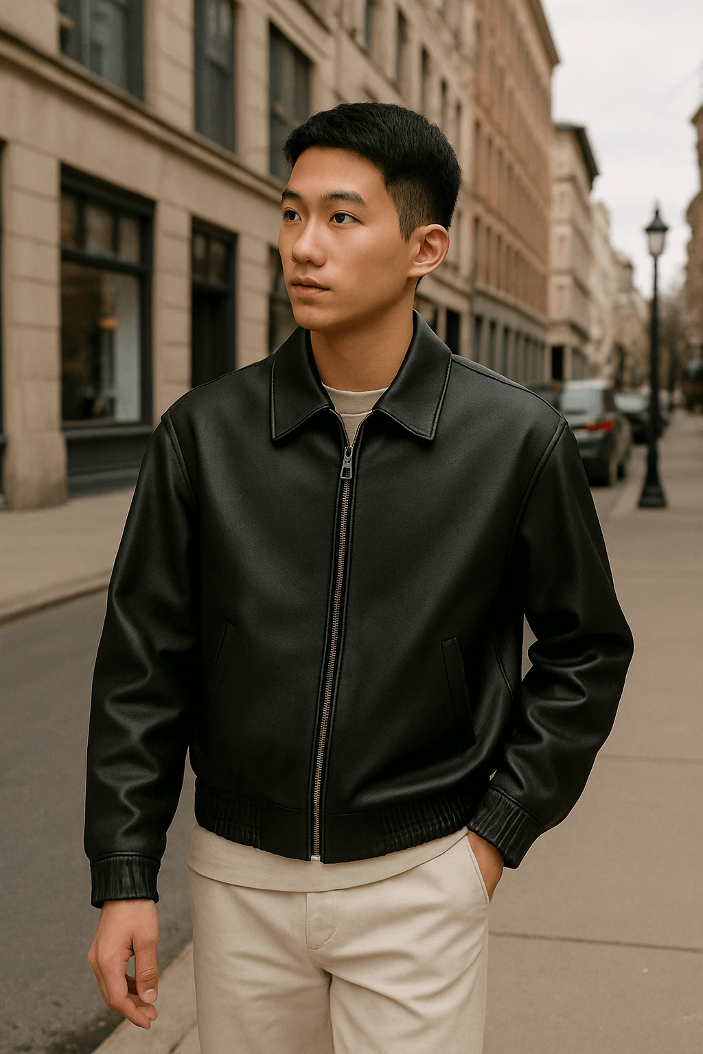 Men’s Black Leather Bomber Jacket – Classic Zip-Up Minimalist Style