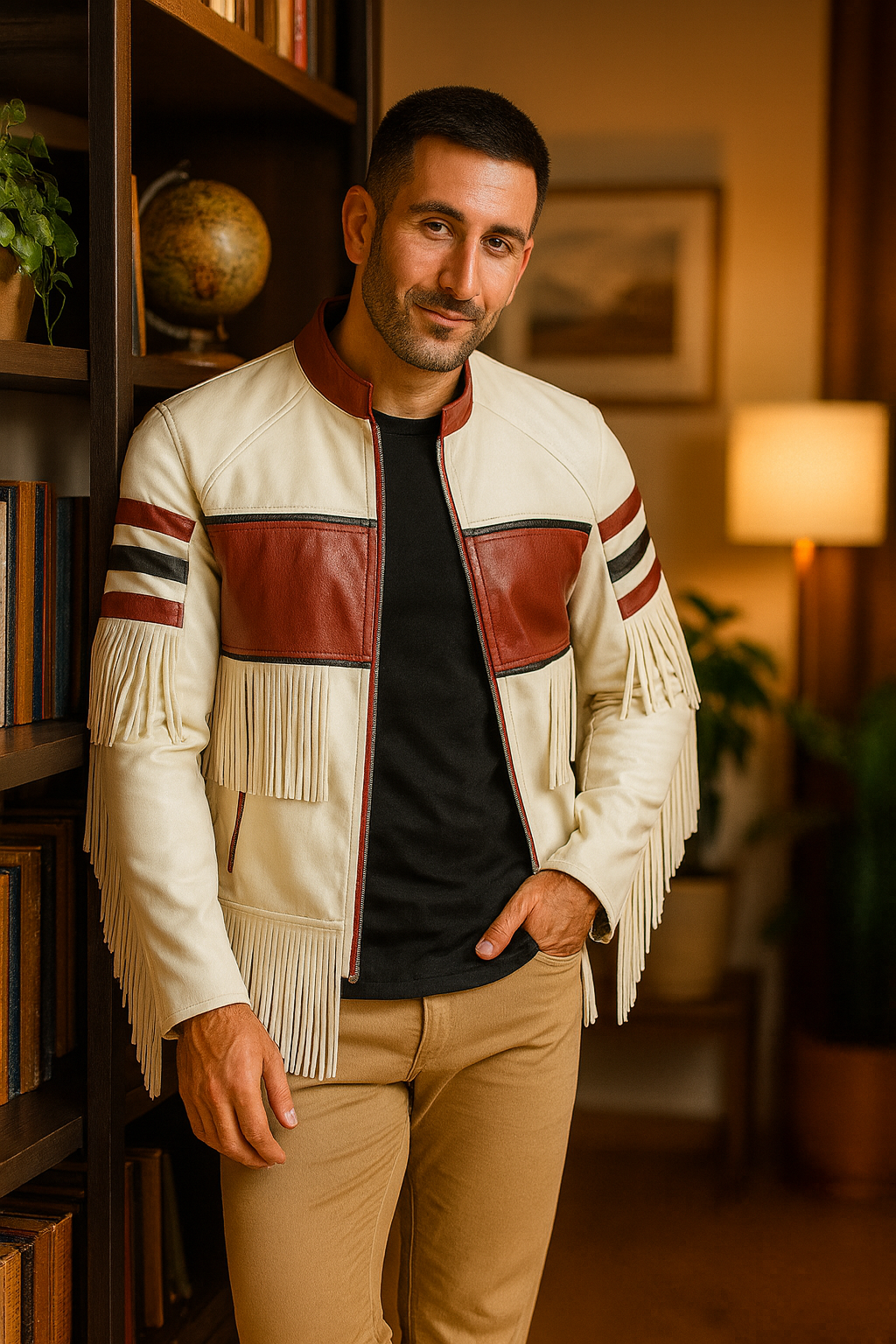 Men’s White & Red Fringe Leather Jacket – Western Biker Style