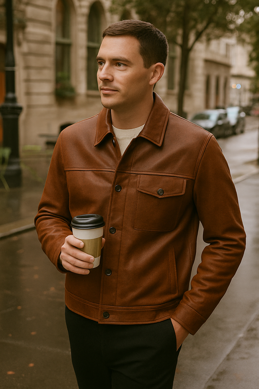 Classic Brown Button-Up Leather Jacket