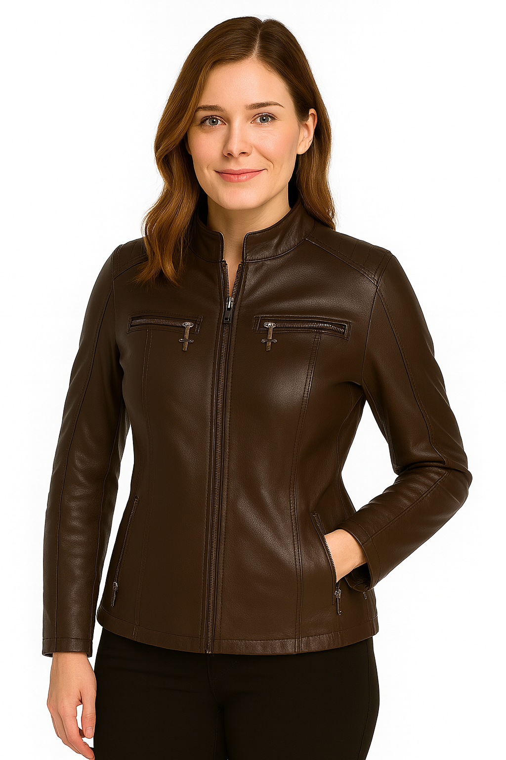 Women’s Slim Fit Leather Jacket – Classic Zip-Up Style