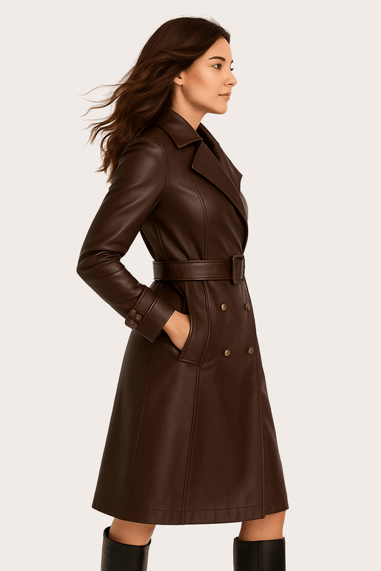 Classic Ladies Leather Long Coat