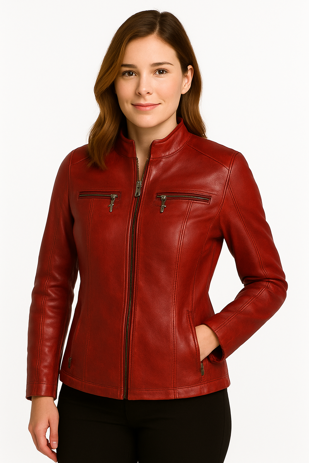 Women’s Slim Fit Leather Jacket – Classic Zip-Up Style