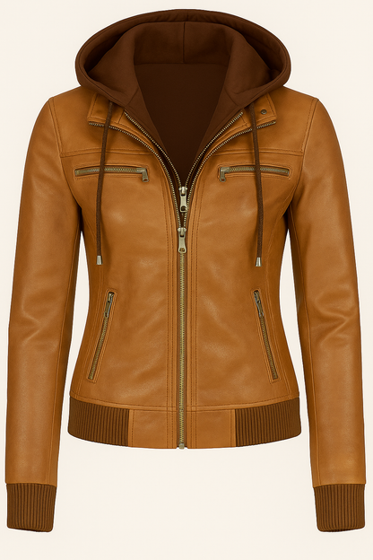 Caramel Brown Women’s Hooded Leather Jacket