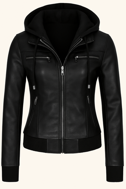 Burgundy Women’s Hooded Leather Jacket