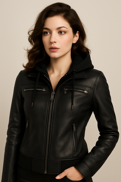 Black Women’s Hooded Leather Jacket