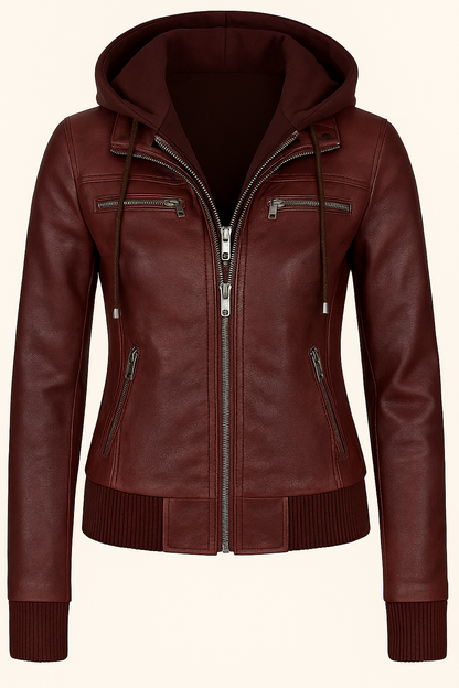 Brown Women’s Hooded Leather Jacket