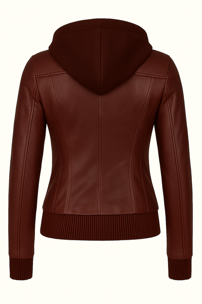 Burgundy Women’s Hooded Leather Jacket