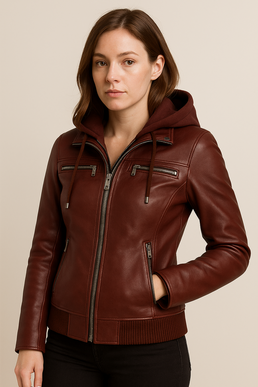 Burgundy Women’s Hooded Leather Jacket