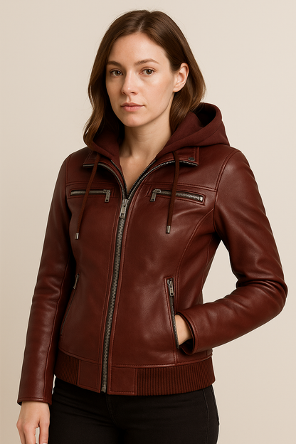 Burgundy Women’s Hooded Leather Jacket