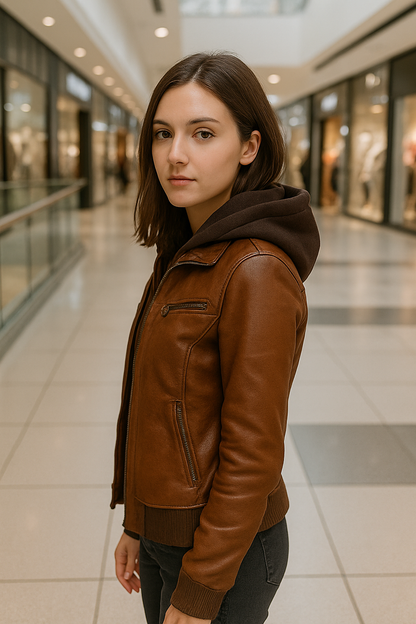 Caramel Brown Women’s Hooded Leather Jacket