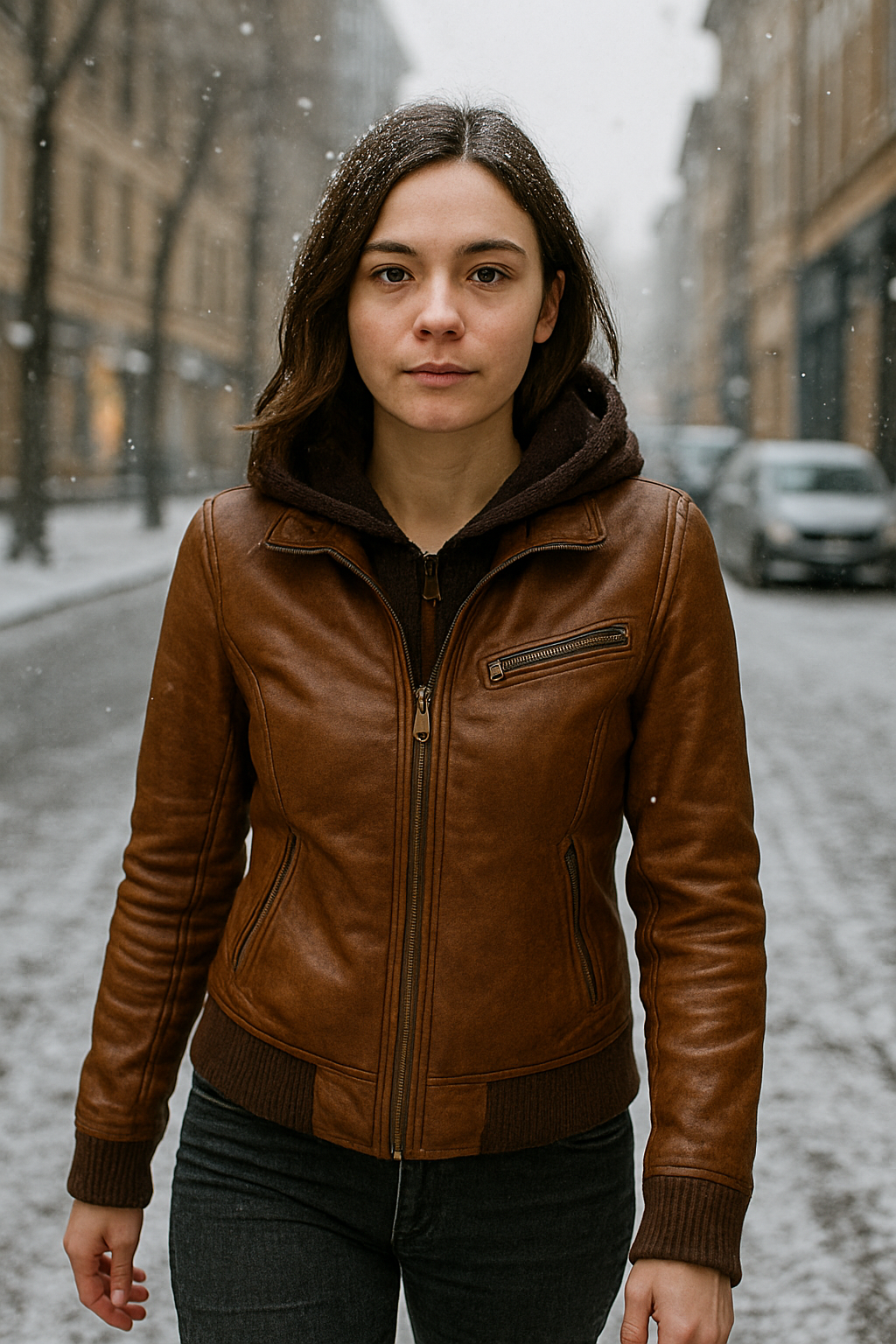 Caramel Brown Women’s Hooded Leather Jacket