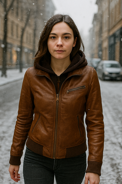 Caramel Brown Women’s Hooded Leather Jacket