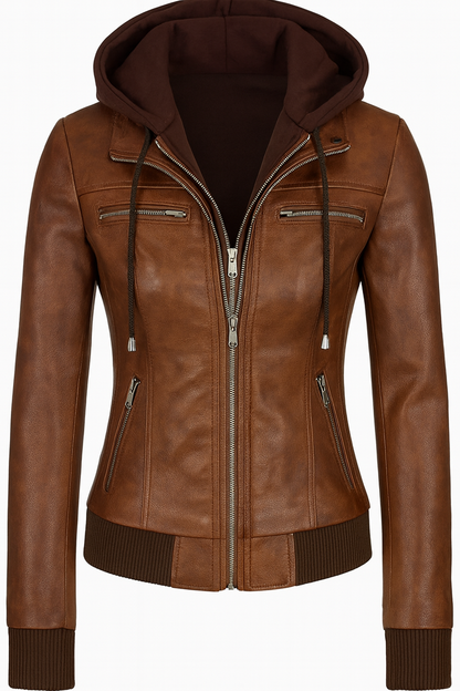 Burgundy Women’s Hooded Leather Jacket