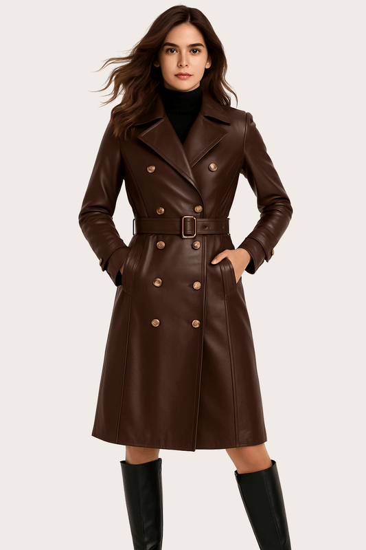Classic Ladies Leather Long Coat