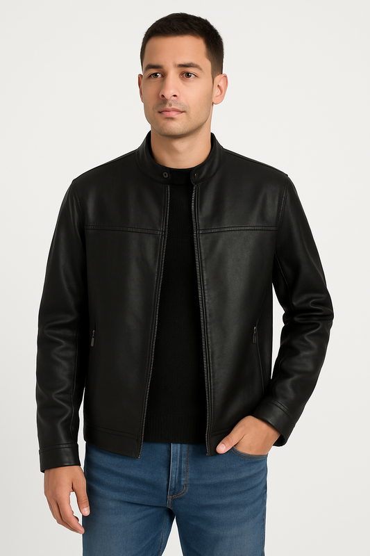 Classic Black Stand Collar Leather Jacket