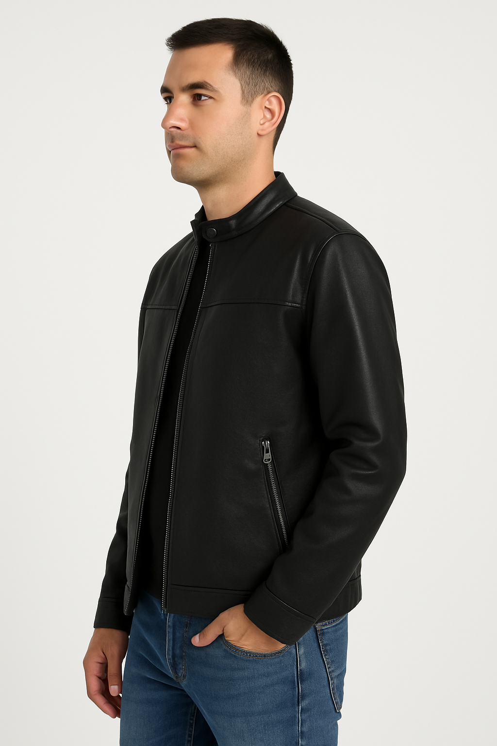 Classic Black Stand Collar Leather Jacket