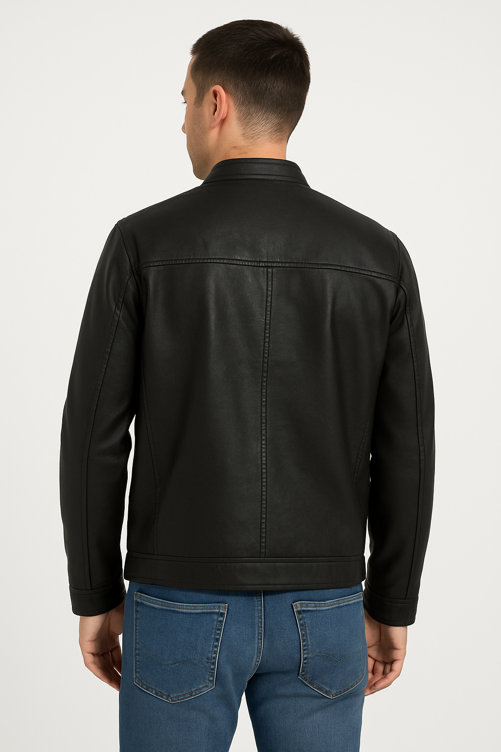 Classic Black Stand Collar Leather Jacket
