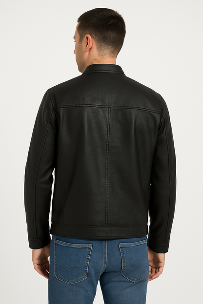Classic Black Stand Collar Leather Jacket