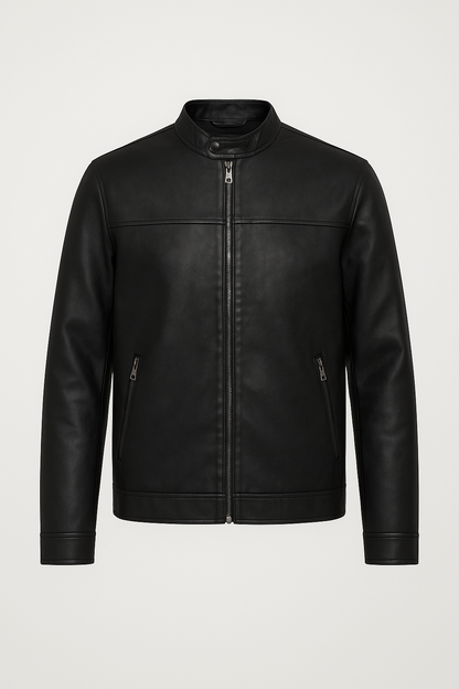 Classic Black Stand Collar Leather Jacket