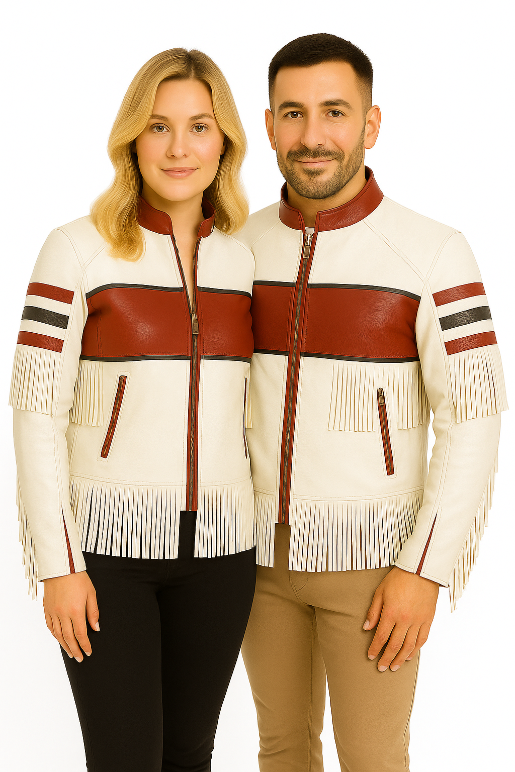 Men’s White & Red Fringe Leather Jacket – Western Biker Style