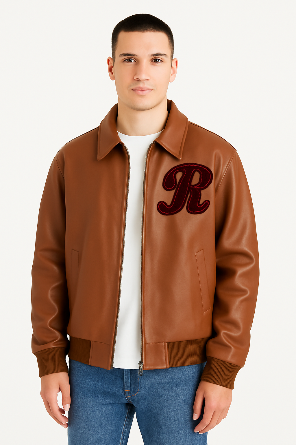Couple Varsity Bomber Leather Jacket with Chenille Patch