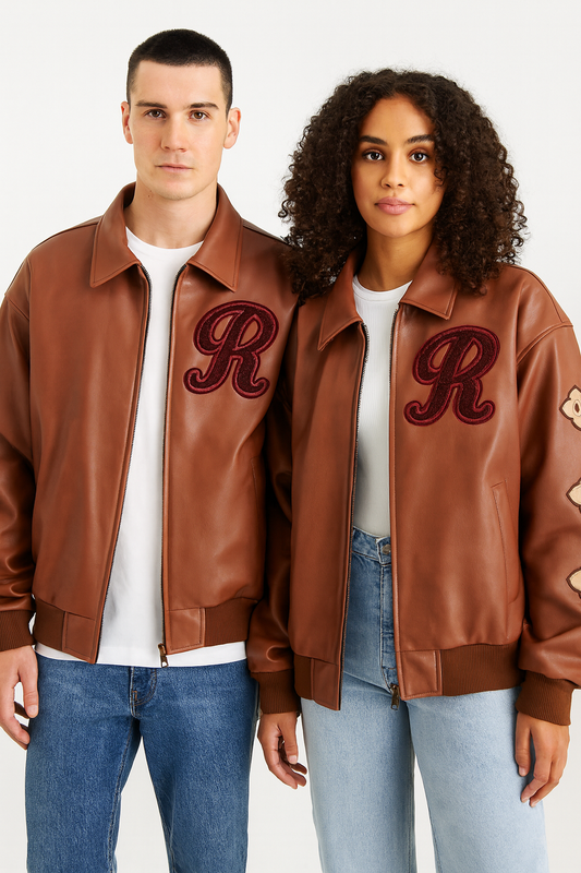 Couple Varsity Bomber Leather Jacket with Chenille Patch