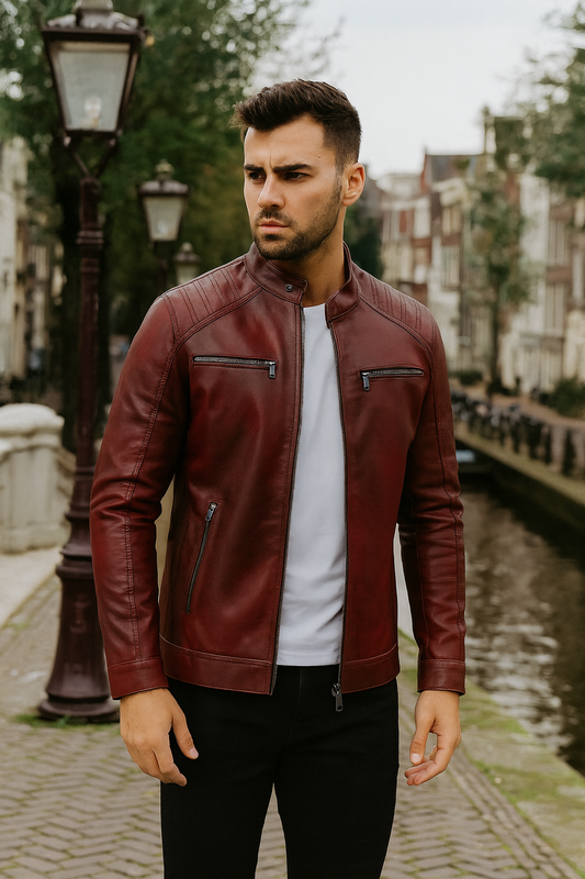 Crimson Edge Moto Leather Jacket