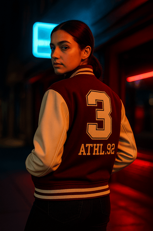 Ladies Varsity Jacket with Genuine Leather Sleeves – LooXHer Varsity