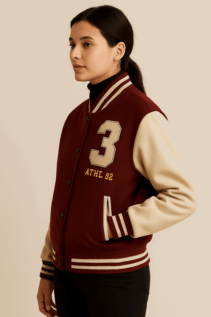 Ladies Varsity Jacket with Genuine Leather Sleeves – LooXHer Varsity
