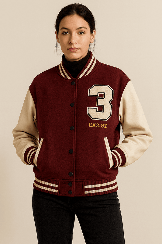 Ladies Varsity Jacket with Genuine Leather Sleeves – LooXHer Varsity