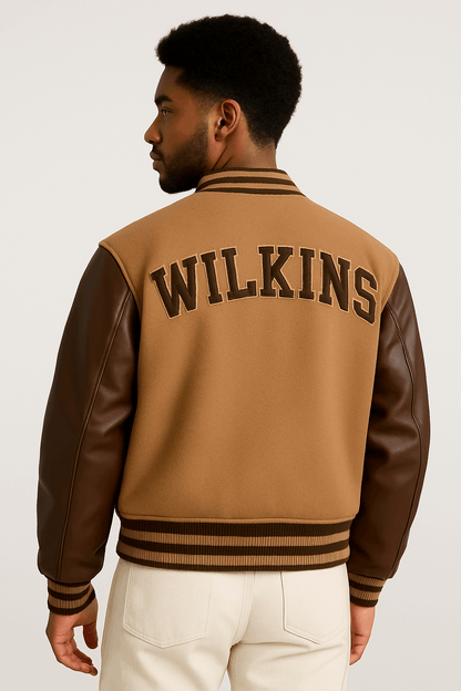 Men’s Brown & Tan Varsity Jacket – Leather Sleeves