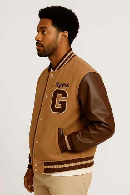 Men’s Brown & Tan Varsity Jacket – Leather Sleeves