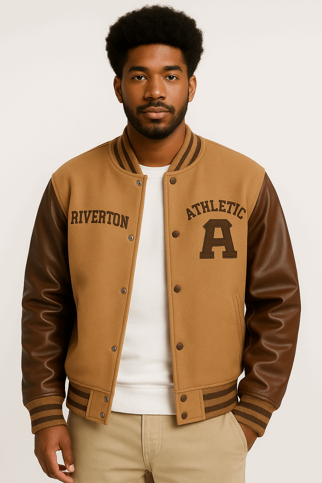 Men’s Brown & Tan Varsity Jacket – Leather Sleeves