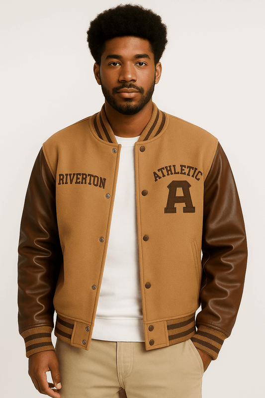 Men’s Brown & Tan Varsity Jacket – Leather Sleeves