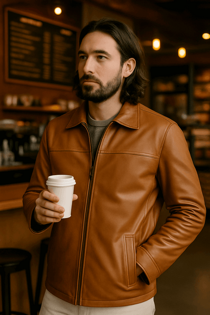 Men’s Light Brown Leather Coat – Classic Mid-Length Coffeehouse Edition