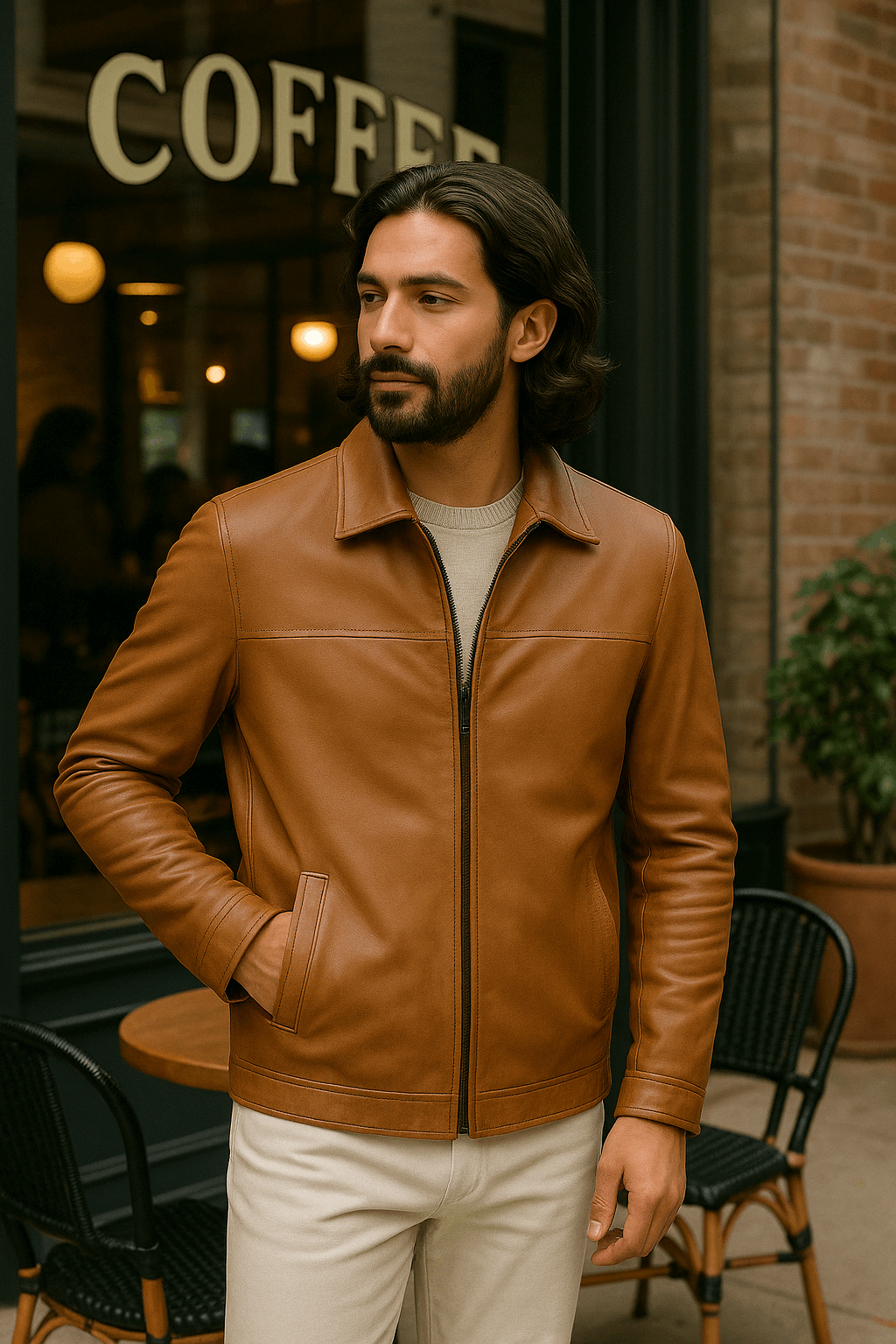 Men’s Light Brown Leather Coat – Classic Mid-Length Coffeehouse Edition