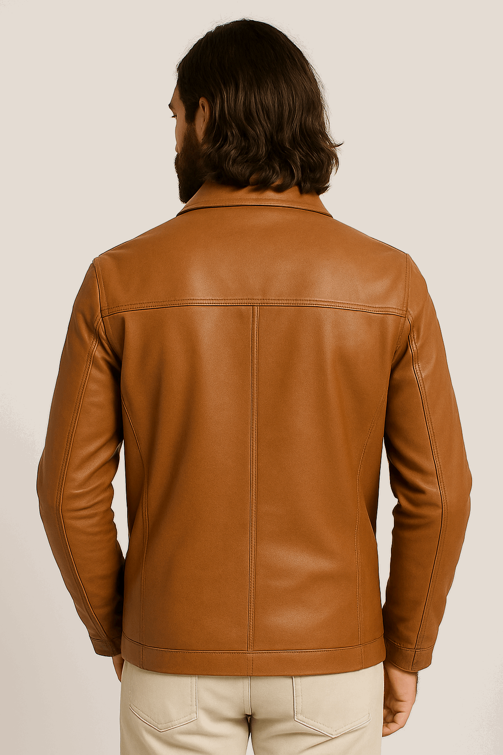Men’s Light Brown Leather Coat – Classic Mid-Length Coffeehouse Edition
