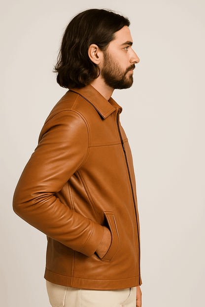 Men’s Light Brown Leather Coat – Classic Mid-Length Coffeehouse Edition