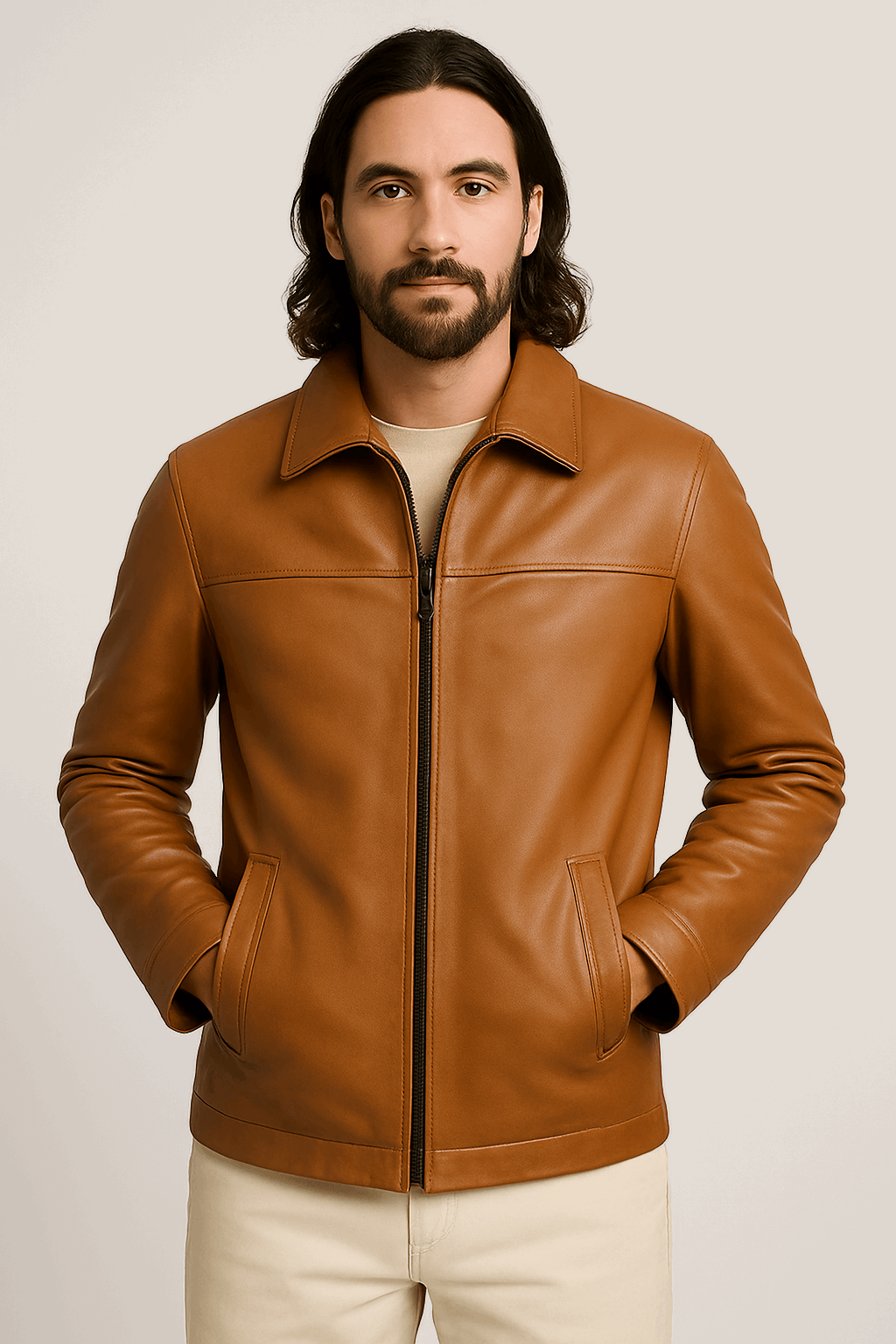 Men’s Light Brown Leather Coat – Classic Mid-Length Coffeehouse Edition