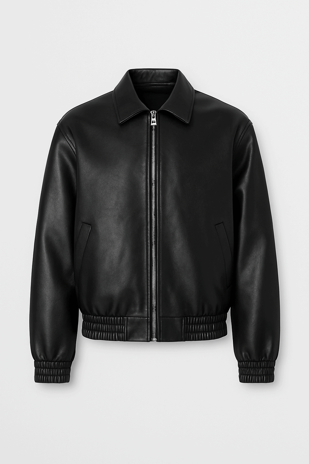 Men’s Black Leather Bomber Jacket – Classic Zip-Up Minimalist Style