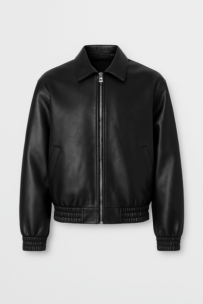 Men’s Black Leather Bomber Jacket – Classic Zip-Up Minimalist Style