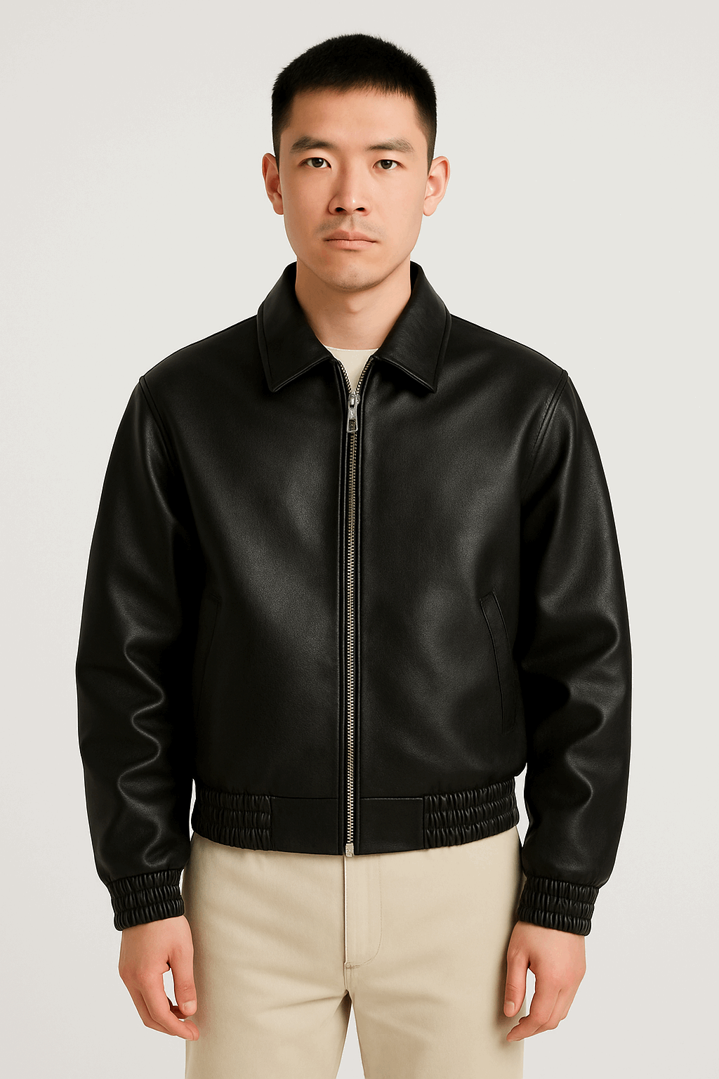 Men’s Black Leather Bomber Jacket – Classic Zip-Up Minimalist Style